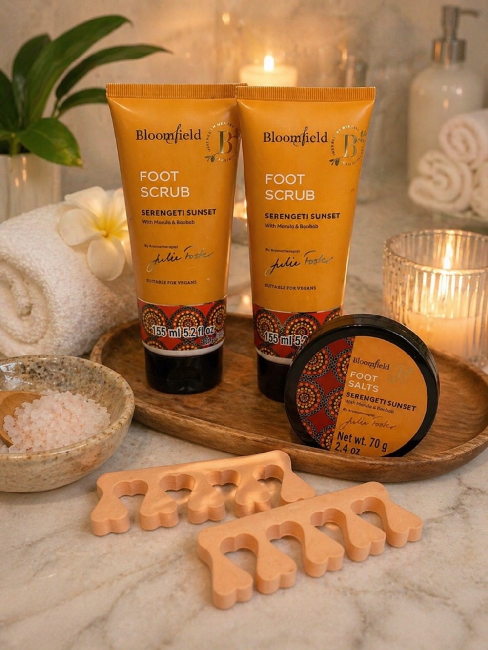 Bloomfield Serengeti Sunset Foot Care Set | Scrub + Salts Separators Bundle NEW